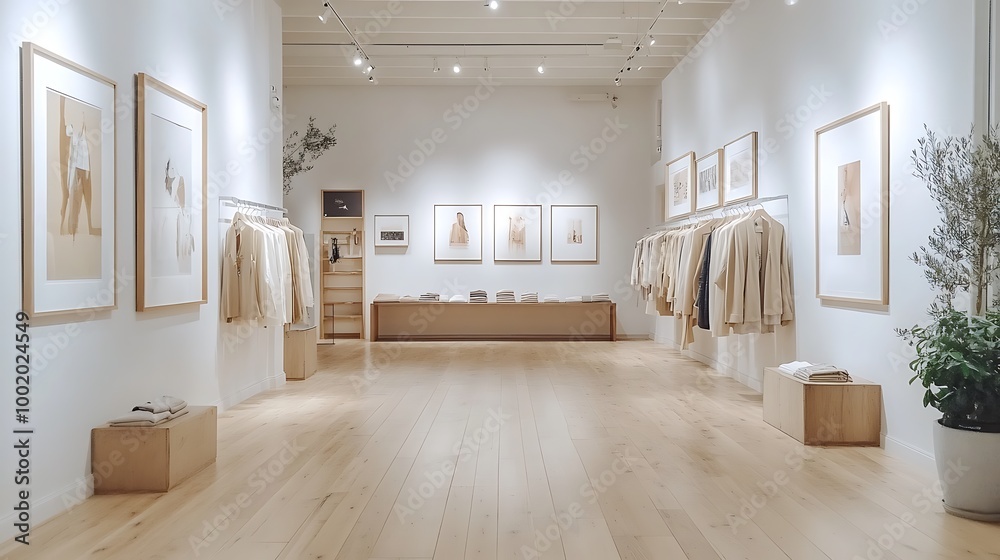 Fototapeta premium A modern boutique store with framed fashion art on the walls, polished wooden floors, clothing displayed on sleek racks, soft lighting from overhead fixtures, and a cozy fitting area,