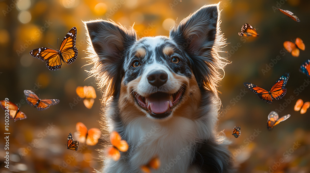 A Happy Dog Surrounded by Colorful Butterflies in the Garden
A Happy Dog Surrounded by Colorful Butterflies in the Garden