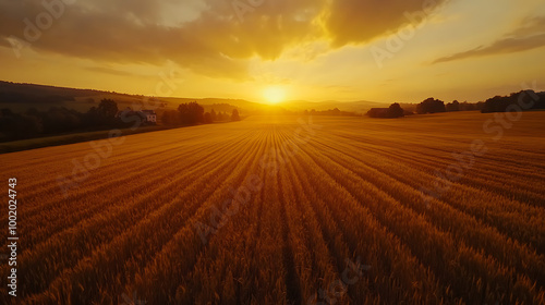 Aerial view of a rural landscape with fields of golden wheat, scattered trees, and a distant farmhouse under a vibrant sunset.