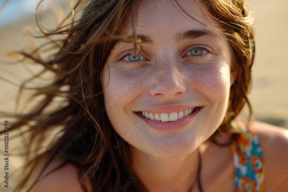 Sunshine Face. Portrait of a Beautiful Young Woman Enjoying Warm Vacation on Windy Beach Sunshine Face. Portrait of a Beautiful Young Woman Enjoying Warm Vacation on Windy Beach