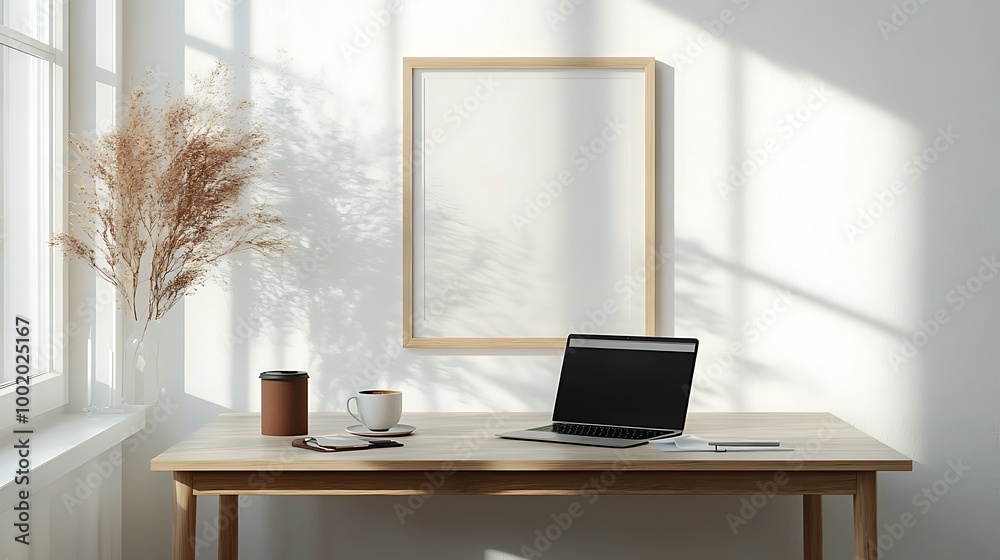A modern desk with a framed artwork standing beside an open laptop and a cup of coffee, natural sunlight from a nearby window, neutral tones, A modern desk with a framed artwork standing beside an open laptop and a cup of coffee, natural sunlight from a nearby window, neutral tones,