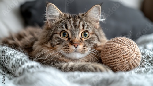 A fluffy domestic cat lounges on a cozy blanket next to a ball of yarn, creating a relaxing indoor atmosphere at home