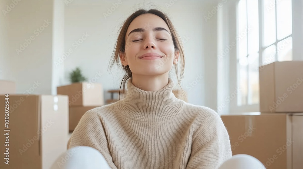 Young woman sitting amidst moving boxes, eyes closed and smiling, embracing the peaceful joy of a new home and the excitement of a fresh start. Young woman sitting amidst moving boxes, eyes closed and smiling, embracing the peaceful joy of a new home and the excitement of a fresh start.