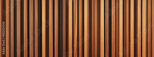  Wooden wall made of vertical panels. Line slats made of wood for a modern interior. Timber planks for cladding facades or fences. Material for cladding in construction. 