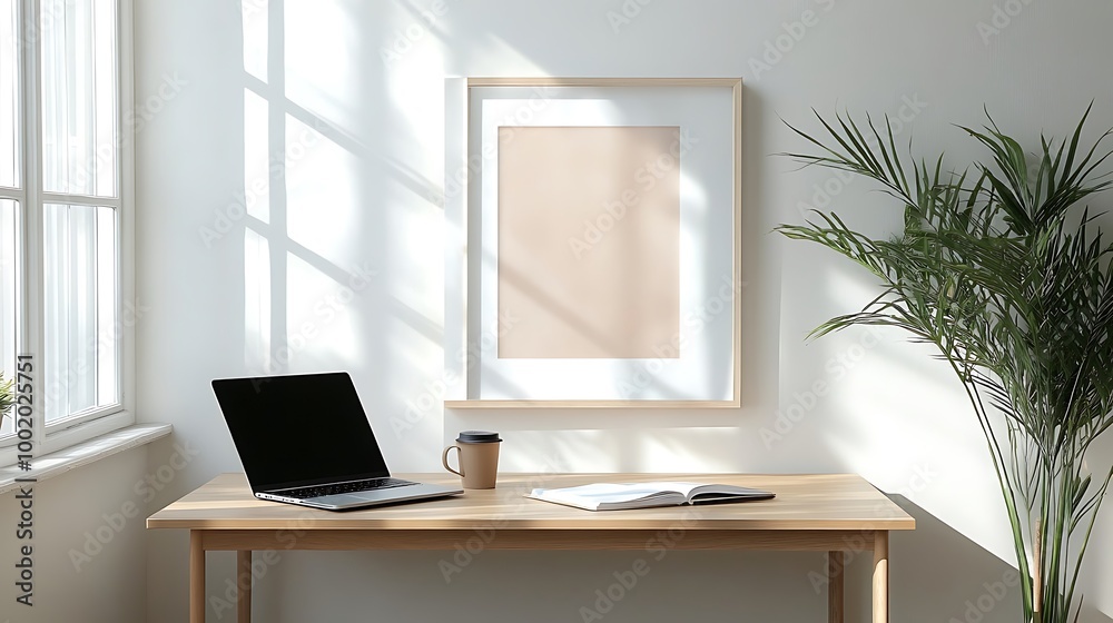 A modern desk with a framed artwork standing beside an open laptop and a cup of coffee, natural sunlight from a nearby window, neutral tones, A modern desk with a framed artwork standing beside an open laptop and a cup of coffee, natural sunlight from a nearby window, neutral tones,