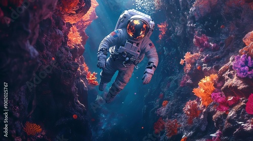 An astronaut explores a vibrant underwater world filled with colorful coral reefs and glowing bioluminescence.