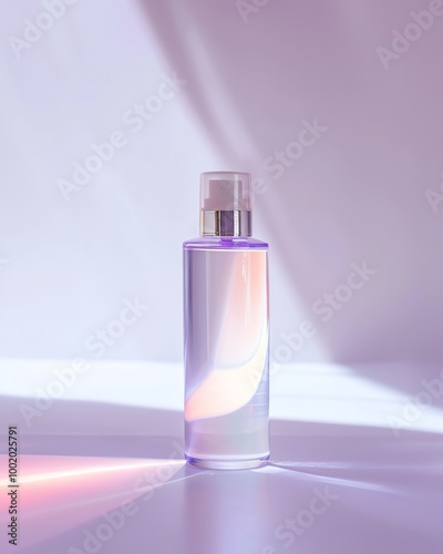 Elegant skincare serum bottle with purple hues and soft lighting, perfect for beauty and cosmetics promotions.