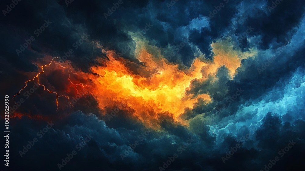 Fiery orange and blue lightning streaks illuminate a dramatic stormy sky. Fiery orange and blue lightning streaks illuminate a dramatic stormy sky.
