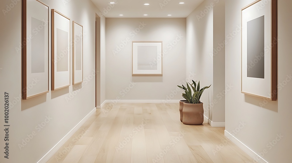 Fototapeta premium A modern hallway with sleek wooden floors, framed contemporary art on the walls, soft lighting from recessed ceiling lights, minimalist design, and a clean, sophisticated ambiance.