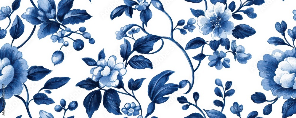 A vibrant blue floral pattern on a white background, showcasing intricate designs of flowers and leaves. A vibrant blue floral pattern on a white background, showcasing intricate designs of flowers and leaves.