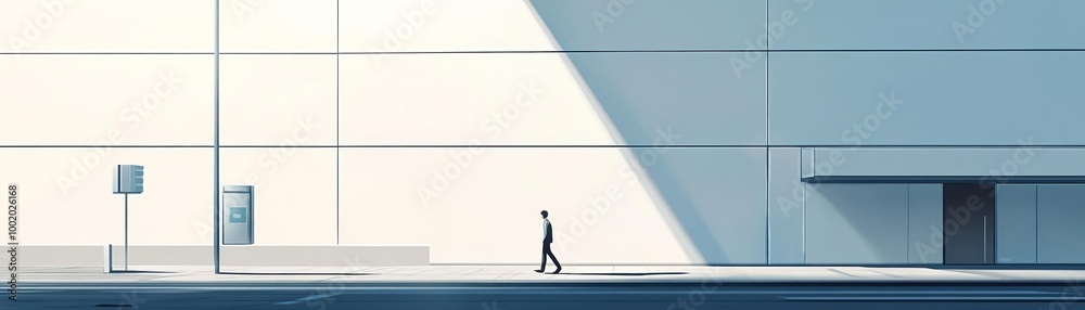 Minimalist cityscape with a lone figure walking in front of a modern building. Minimalist cityscape with a lone figure walking in front of a modern building.