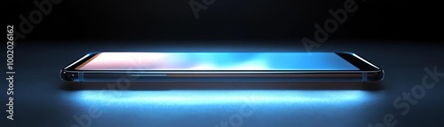 Glowing blue light emanates from a sleek black smartphone. photo