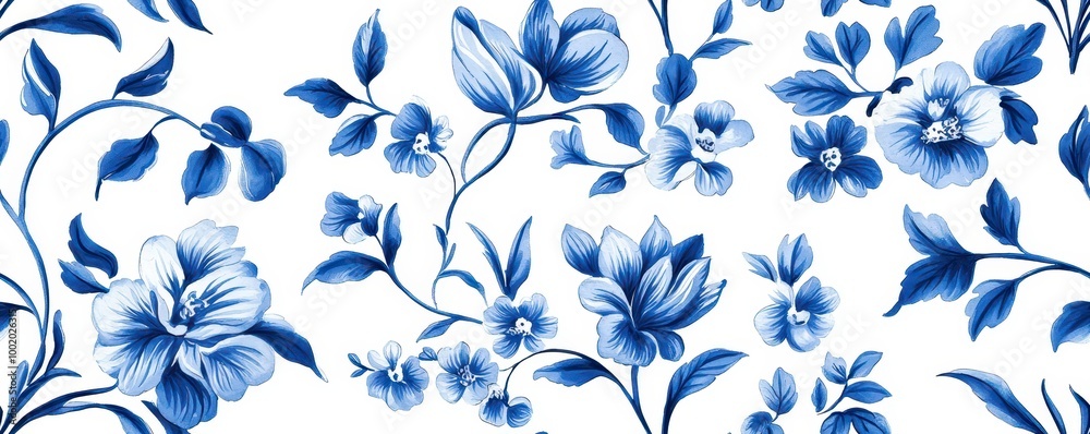 Fototapeta premium A vibrant floral pattern featuring blue flowers and leaves on a white background, ideal for textiles or decorative design.