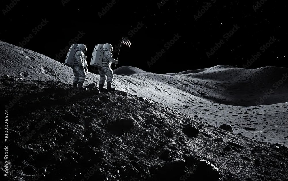 Fototapeta premium Two astronauts walk on the lunar surface under a starry sky, leaving a flag behind them.