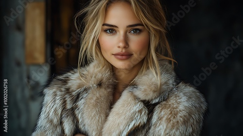 Fashion model standing with arms crossed over chest, wearing a luxurious fur coat, soft evening light creating gentle highlights, elegant dark background, capturing sophistication and power, photo