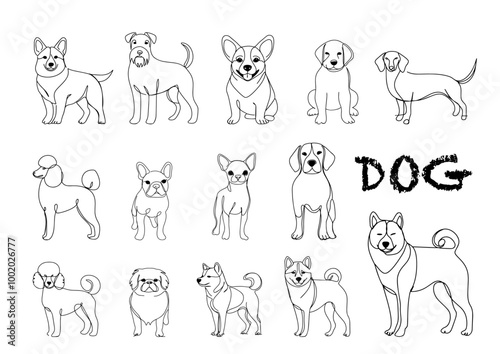 一筆書きで描いたおしゃれな雰囲気の犬たち