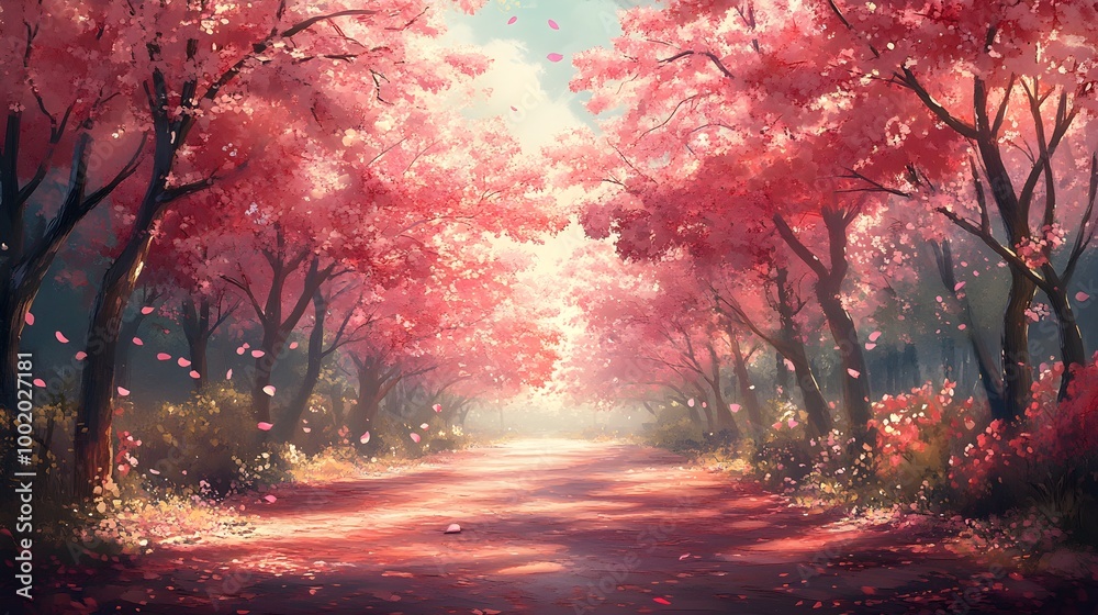 A circular orchard of cherry trees in full bloom, their pink blossoms contrasting with the rich red fruit, with petals gently falling in the wind. Romantic, Watercolor, Pastel colors, Dreamy A circular orchard of cherry trees in full bloom, their pink blossoms contrasting with the rich red fruit, with petals gently falling in the wind. Romantic, Watercolor, Pastel colors, Dreamy