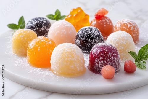 A colorful assortment of jelly desserts, dusted with coconut, arranged aesthetically on a plate, garnished with mint leaves.