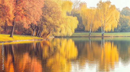 Picturesque autumn landscape with colorful trees reflecting on the surface of a calm pond,peaceful and serene fall atmosphere, free space photo