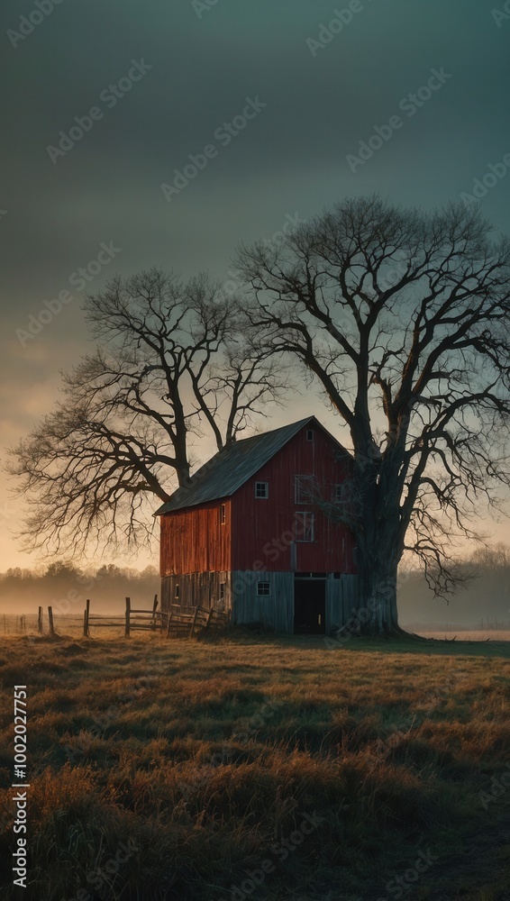 Red barn with silo and large tree in a rural field at sunset or sunrise Red barn with silo and large tree in a rural field at sunset or sunrise