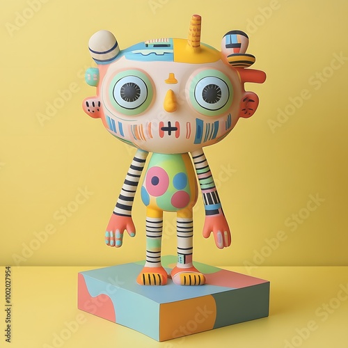 25. Playful art toy figure with exaggerated features and pastel tones arranged on a modern platform â€“ar 16:9 photo