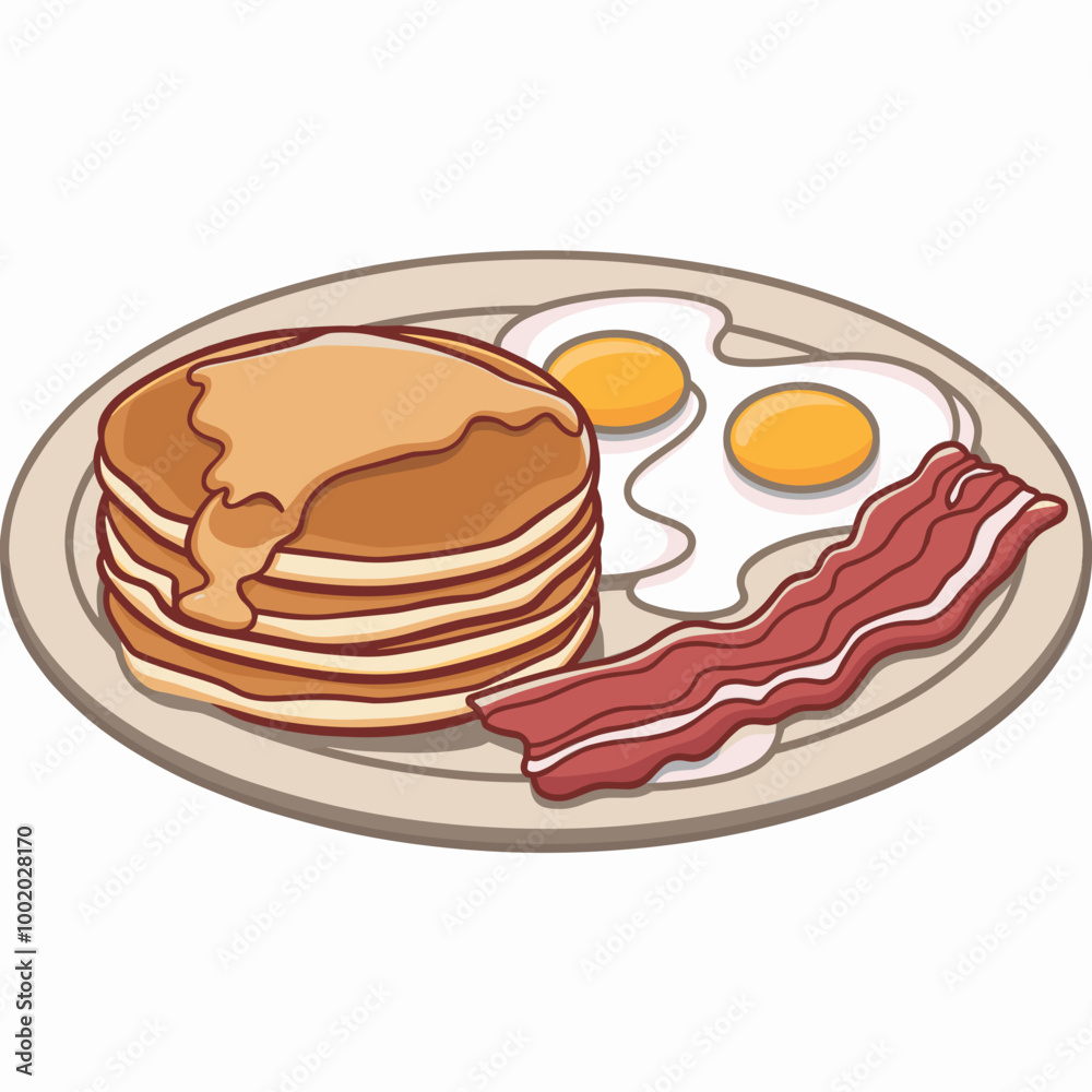 Cartoon-Style Vector Graphic of Breakfast Platter with Pancakes, Egg, and Bacon Cartoon-Style Vector Graphic of Breakfast Platter with Pancakes, Egg, and Bacon