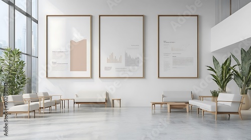 A modern office lobby with large framed posters displaying business concepts  clean minimalist furniture  polished stone floors  natural light from floor-to-ceiling windows  and a welcoming 