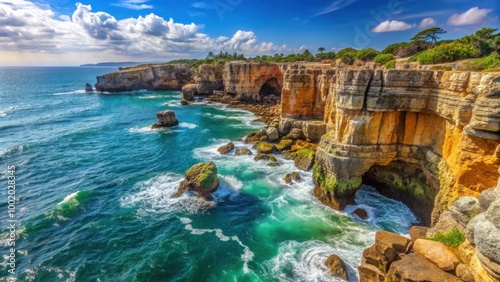 Rocky cliffs overlooking the stunning ocean views in Cascais , Cascais, Portugal, Atlantic Ocean, coastline, scenic