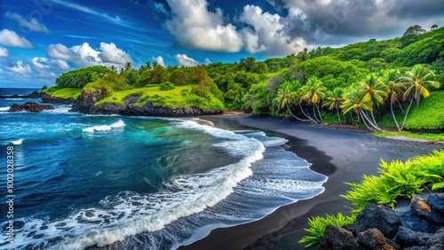 Black Sand Beach at Waianapanapa State Park with Turquoise Waves and Lush Green Surroundings photo