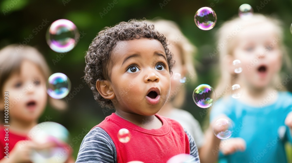 Toddlers with wide eyes cheerfully blow bubbles in a sunlit backyard, sharing moments of wonder Toddlers with wide eyes cheerfully blow bubbles in a sunlit backyard, sharing moments of wonder