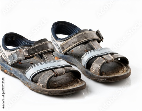 Dirty old kids sandals shoes, isolated on white background 