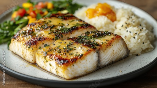 Grilled fish fillet served with rice and sautéed vegetables on a rustic wooden table