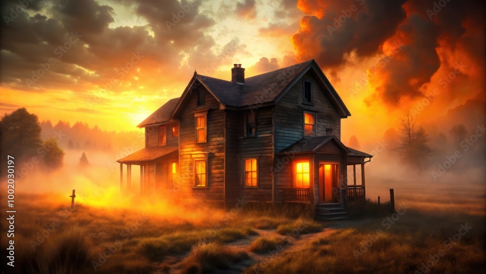 Abandoned house surrounded by fiery orange mist, glowing windows creating an eerie glow, abandoned, house, mist, fiery, orange