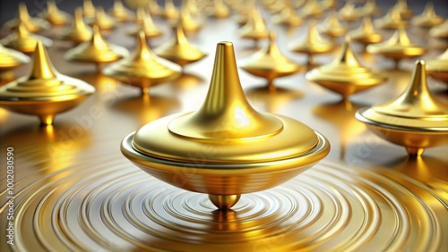 Beautiful metallic yellow spinning top spinning surrounded by many spinning tops , spinning top, metallic, yellow photo