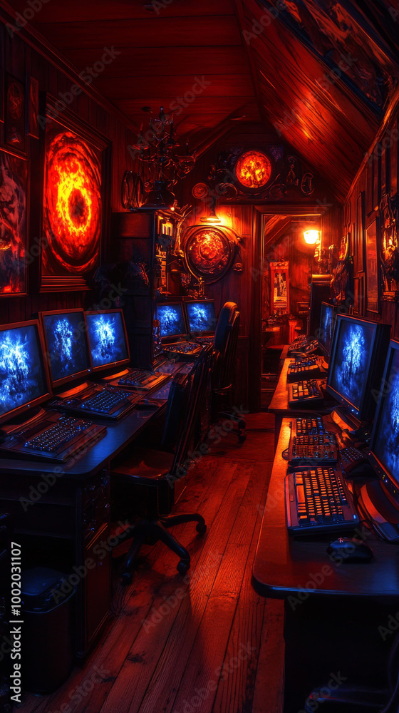 Naklejka premium A dimly lit room with multiple computers set up for gaming.