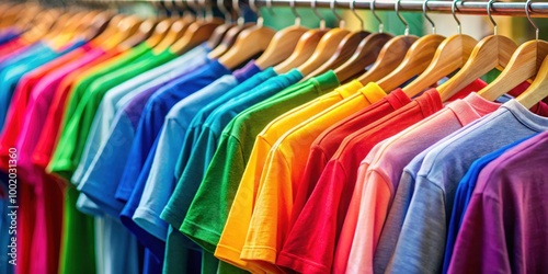 Close up of colorful t-shirts hanging on hangers against a bright apparel background, t-shirts, colorful, hangers, apparel