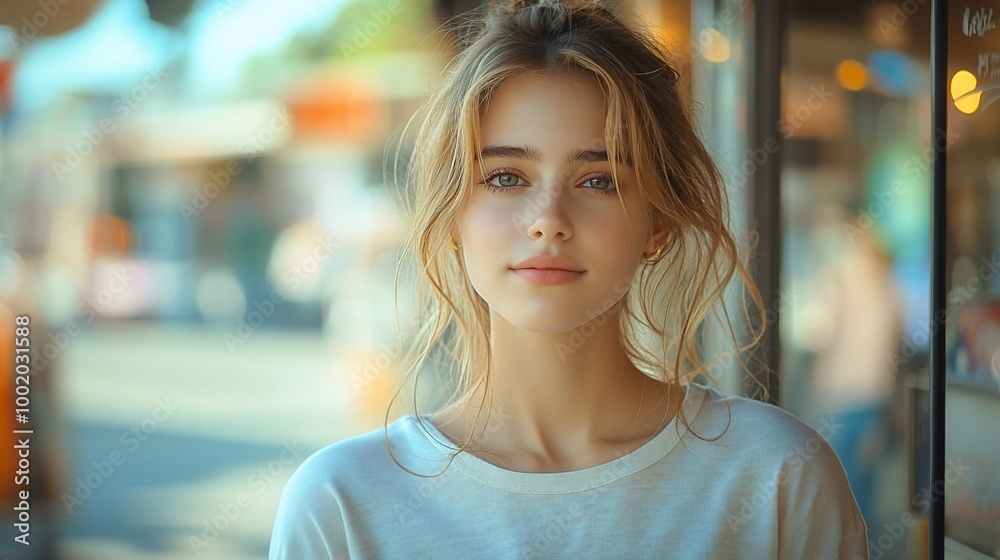 Young woman with blonde hair and blue eyes in a white t-shirt looks at the camera with a soft smile. Young woman with blonde hair and blue eyes in a white t-shirt looks at the camera with a soft smile.