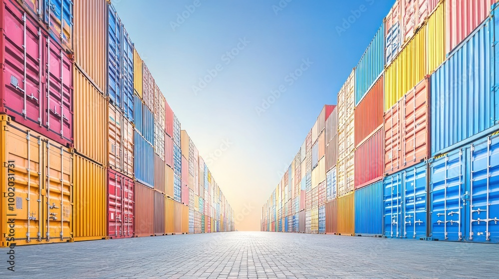 Fototapeta premium A vibrant array of shipping containers lined up in a storage yard under a clear sky.