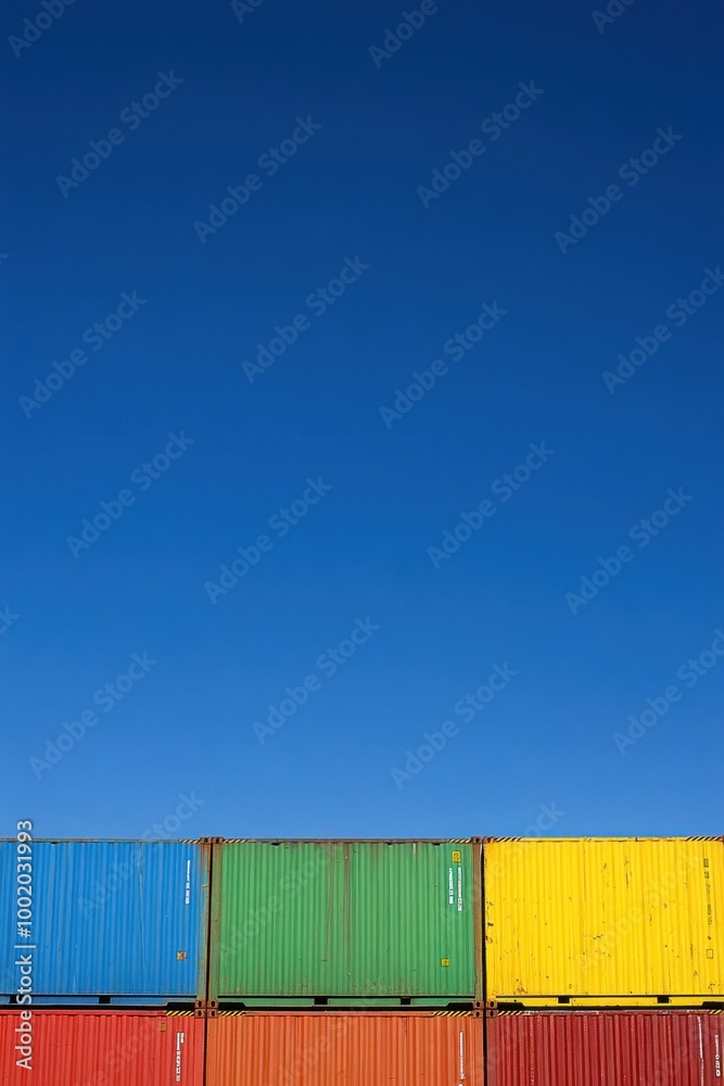 A stack of colorful shipping containers against a clear blue sky.