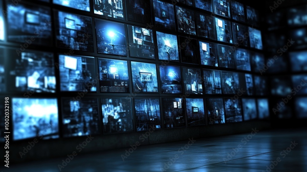 A wall of glowing screens, showcasing a variety of digital content. A wall of glowing screens, showcasing a variety of digital content.