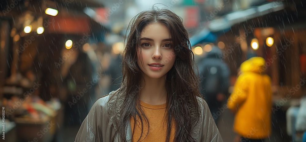 Young woman with long dark hair standing in a rainy city market. Young woman with long dark hair standing in a rainy city market.