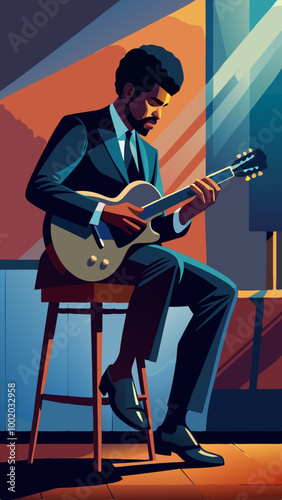Elegant Jazz Musician Playing Guitar in Moody Light