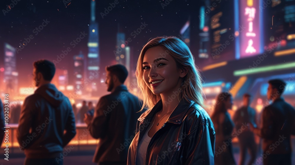 A smiling woman stands out in a crowd of people in a futuristic city setting at night. A smiling woman stands out in a crowd of people in a futuristic city setting at night.