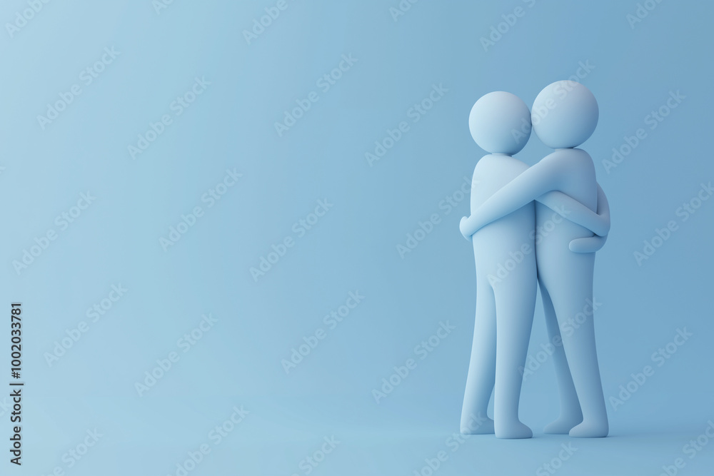 Light blue figures embracing each other in a minimalist background Light blue figures embracing each other in a minimalist background