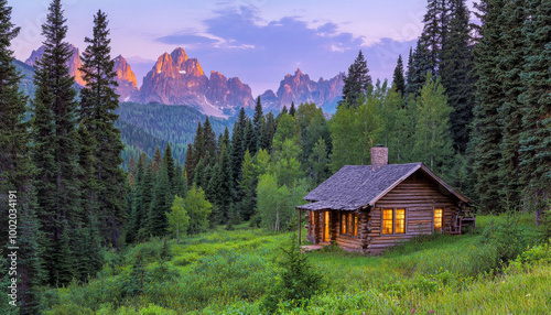 A serene cabin nestled in a lush green landscape, surrounded by towering mountains and a colorful sunset sky.