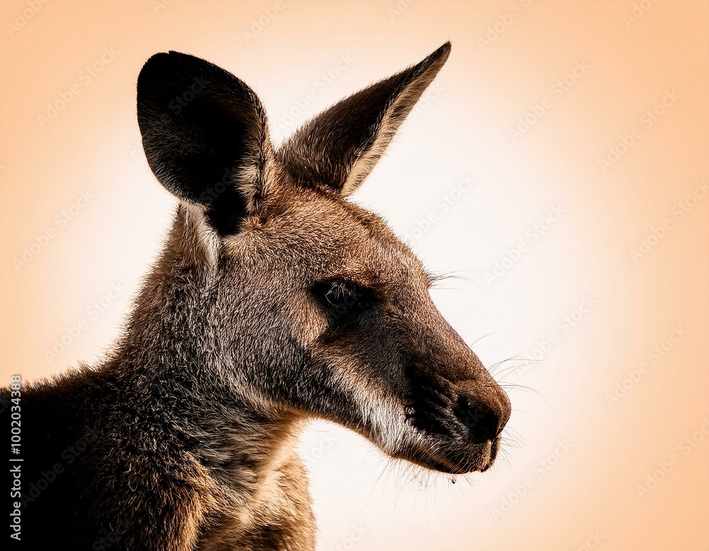 Fototapeta premium Detailed side profile of a kangaroo, highlighting its textured fur, large ears, and sharp features against a soft gradient background.