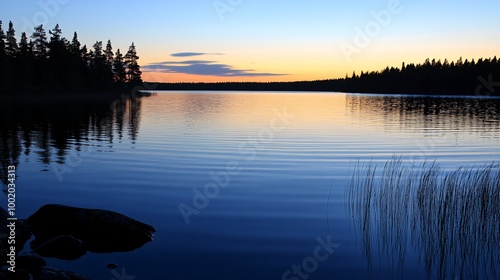 Calm lake at sunset with forest silhouette and reflection in the water.