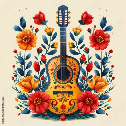 Cinco de Mayo Vector Illustration with Mexican Symbols, Guitar, Flowers, Pepper, and Skull