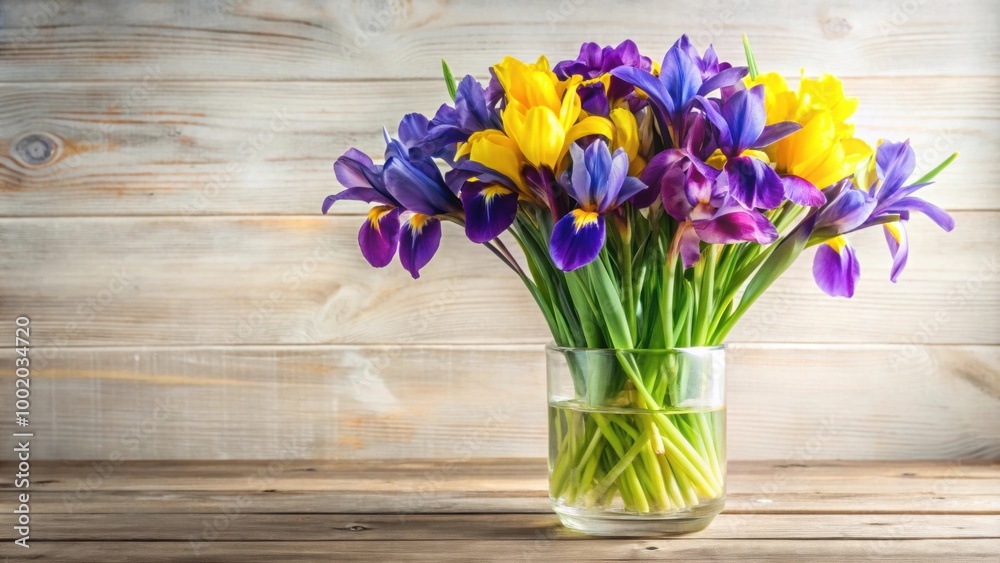 Bouquet of vibrant spring irises in a clear vase, Bouquet, Spring, Irises, Flowers, Vibrant, Clear, Vase, Fragrant, Fresh, Botanical Bouquet of vibrant spring irises in a clear vase, Bouquet, Spring, Irises, Flowers, Vibrant, Clear, Vase, Fragrant, Fresh, Botanical