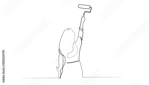 vector line art illustration of woman painting with roll.vector single line of young woman painting walls .renovating house.vector line illustration